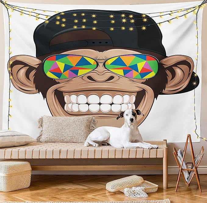 Ambesonne Cartoon Tapestry Queen Size, Fun Hipster Monkey with Colorful Sunglasses and Hat Rapper Hippie Ape Art, Wall Hanging Bedspread Bed Cover Wall Decor, 88" X 88", White Brown