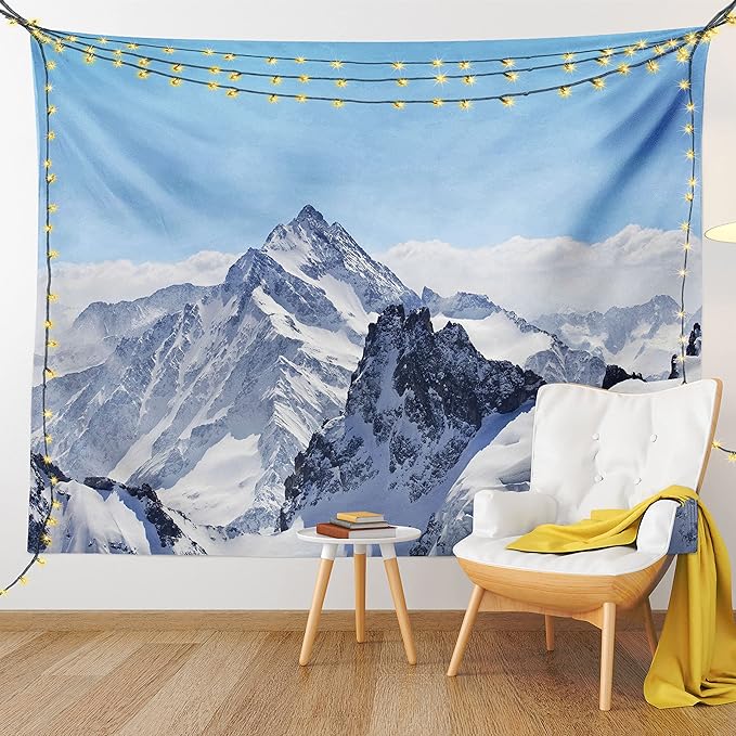 Ambesonne Winter Tapestry, Snowy Rocky Mountain Peaks Tops Scene High Lands ICY Frozen Swiss Outdoor Art, Fabric Wall Hanging Decor for Bedroom Living Room Dorm, 45" X 30", Blue and White