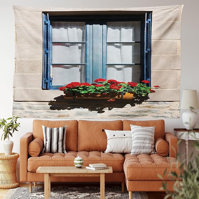 Ambesonne Country Tapestry Twin Size, Mediterranean Style Window Open Shutters Image French Urban Life Theme Print, Wall Hanging Bedspread Bed Cover Wall Decor, Twin Size, Blue Grey