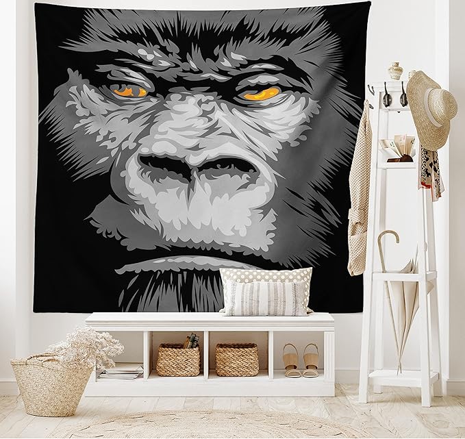 Ambesonne Modern Tapestry, Close up Gorilla Portrait with Orange Eyes Zoo Jungle Animal Wild Money Graphic, Wide Wall Hanging for Bedroom Living Room Dorm, 80" X 60", Grey Marigold