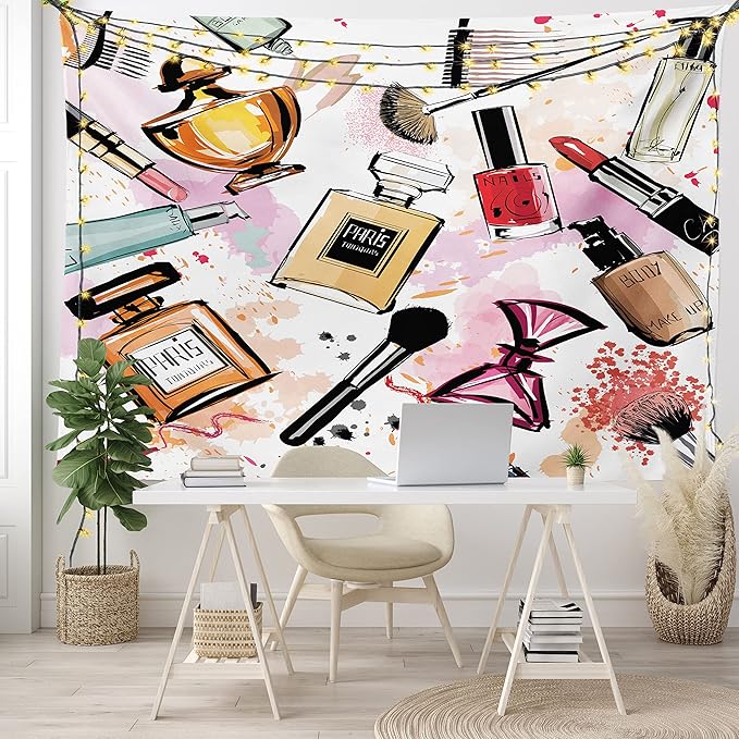 Ambesonne Fashion Tapestry, Cosmetic and Makeup Theme Pattern Perfume Lipstick Nail Polish Brush Modern, Fabric Wall Hanging Decor for Bedroom Living Room Dorm, 45" X 30", Coral White