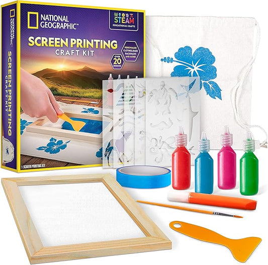 NATIONAL GEOGRAPHIC Kids Screen Printing Kit - Arts and Crafts Silk Screen Printing Kit with Fabric Paint, Frame, Stencils & Squeegee Plus Drawstring Bag & More, Screen Print, Silkscreening Kit