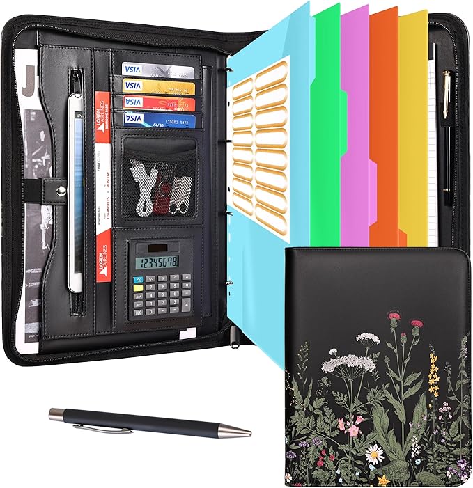 Eshow Portfolio Organizer - 3 Ring Binder with Zipper, Vegan Leather Business Padfolio Folder with Notepad Includes 5 Colorful Sheet Protectors for Documents Files for Women