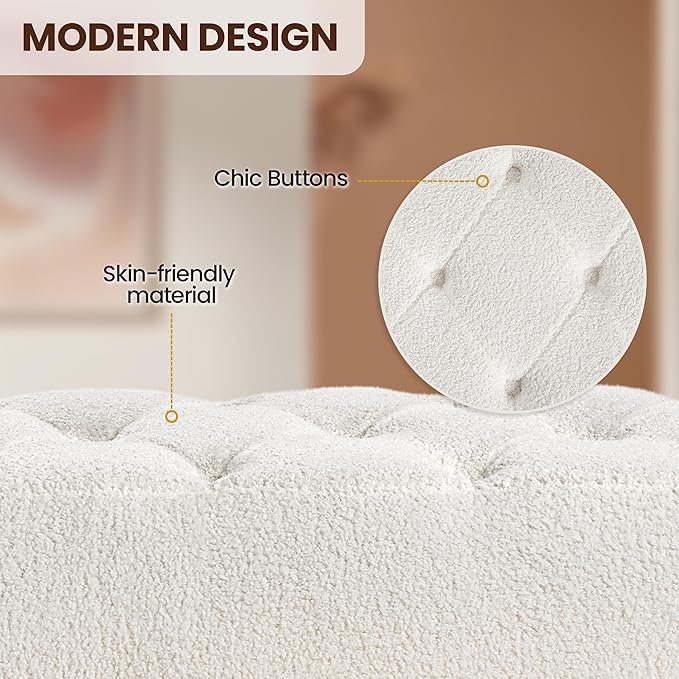 Yaheetech Modern Ottoman Bench Boucle Bench Upholstered Footrest for Living Room with Gold Metal Legs and Padded Seat Ivory