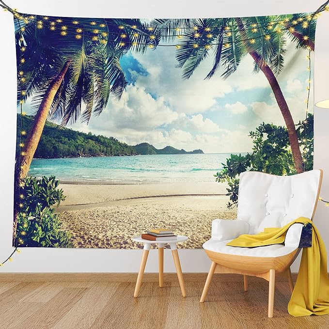Ambesonne Palm Tree Tapestry, Summer Beach Vintage Style Tropical Sunset Picture Print, Fabric Wall Hanging Decor for Bedroom Living Room Dorm, 23" X 28", Dark Green Sand Brown