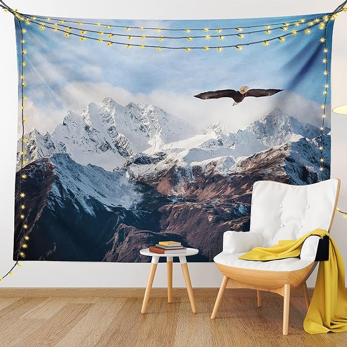 Ambesonne Mountain Tapestry Twin Size, Frozen Peaks Tops of the Mountain with a Flying Eagle Free in Nature Photo, Wall Hanging Bedspread Bed Cover Wall Decor, 68" X 88", Brown White Blue