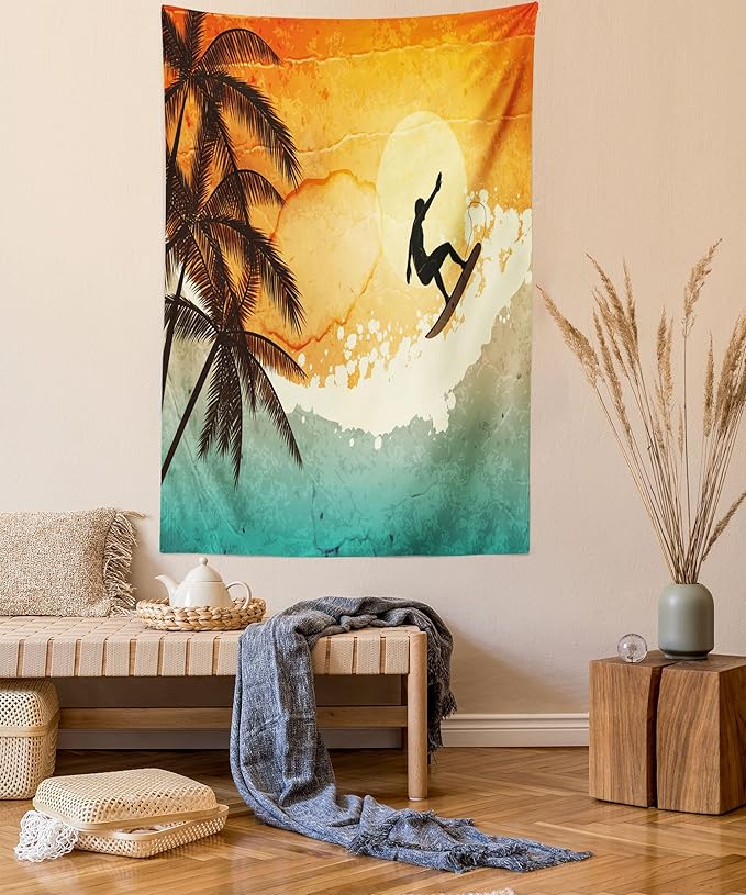 Ambesonne Grunge Tapestry Queen Size, Illustration of Tropical Island Surfer on Sea Waves and Palms at Sunset, Wall Hanging Bedspread Bed Cover Wall Decor, 88" X 88", Orange Turquoise Black