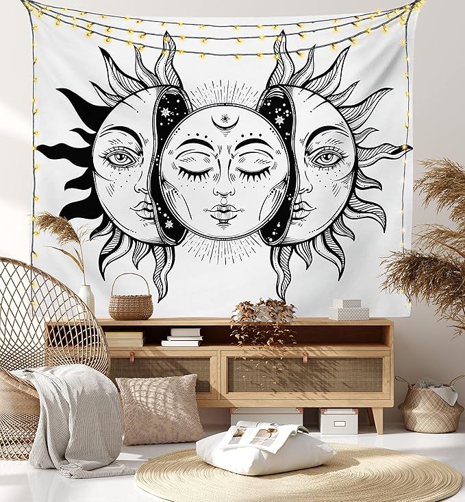 Ambesonne Moon Tapestry King Size, Monochrome Sun and Moon Pattern Oriental Image Culture Inspired Design Print, Wall Hanging Bedspread Bed Cover Wall Decor, 104" X 88", White Black