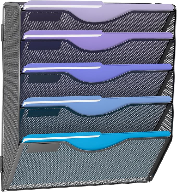 5 Tier Hanging Wall File Organizer, Mesh Mail Paper Orgnization Hanging File Folder Holder for Home Office, Black