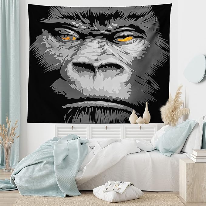 Ambesonne Modern Tapestry King Size, Close up Gorilla Portrait with Orange Eyes Zoo Jungle Animal Wild Money Graphic, Wall Hanging Bedspread Bed Cover Wall Decor, 104" X 88", Grey Marigold