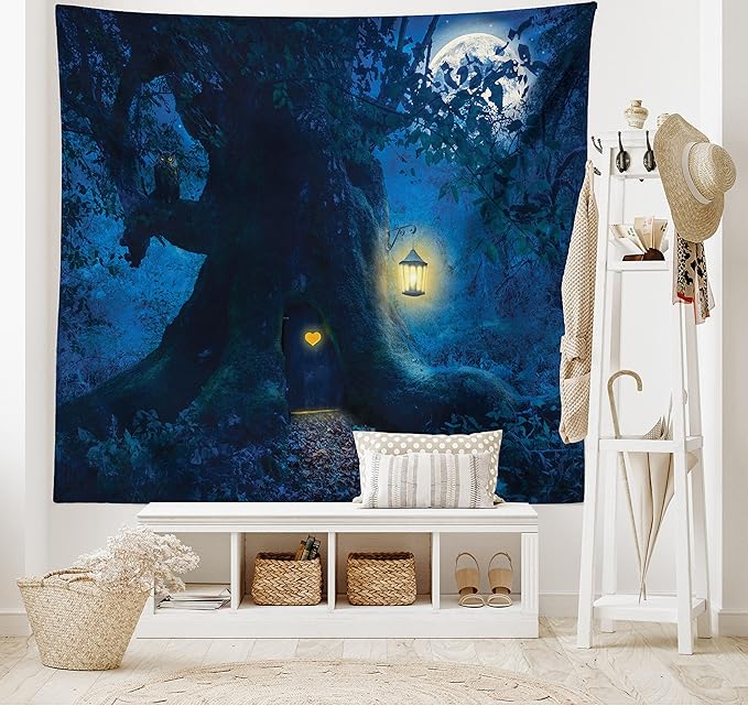 Ambesonne Fantasy Tapestry, Night with a Little Home in The Trunk of an Tree in The Woods Print, Fabric Wall Hanging Decor for Bedroom Living Room Dorm, 30" X 45", Navy Blue