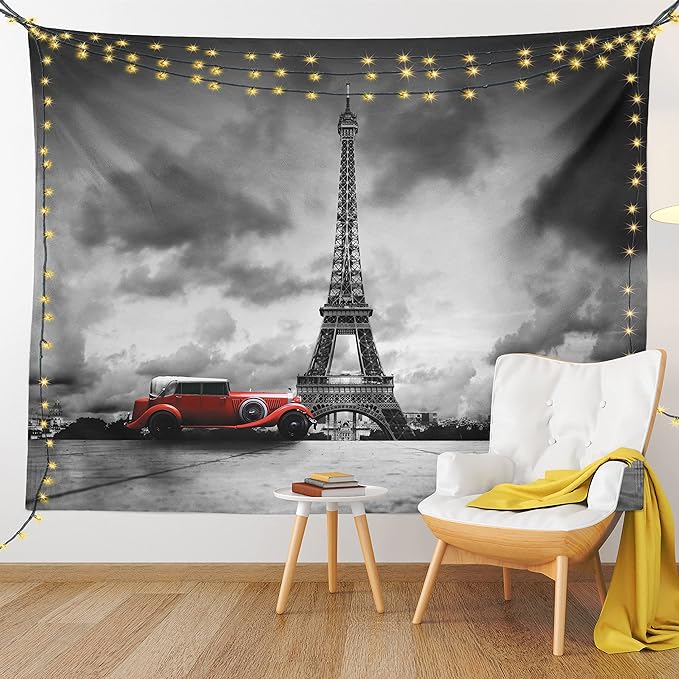 Ambesonne Eiffel Tower Tapestry King Size, Image of Eiffel Tower Paris France Vintage Car Street Dark Clouds, Wall Hanging Bedspread Bed Cover Wall Decor, 104" X 88", Black Red