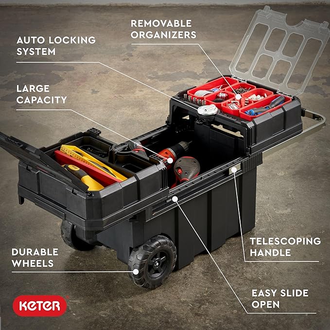 Keter Masterloader Resin Rolling Tool Box with Locking System and Removable Bins – Perfect Organization and Storage Chest for Power Drill, Tape Measure, and Screwdriver Set, Black