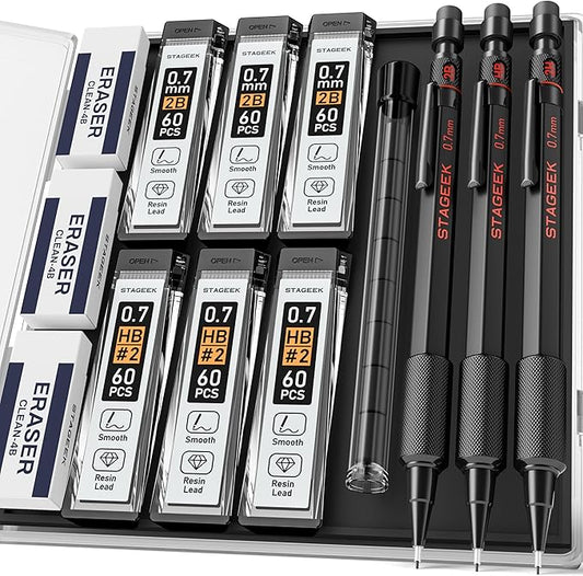 0.7mm Mechanical Pencil Set, 3PCS Metal Mechanical Pencils 0.7mm with 6 Tubes HB & 2B Lead Refills,Erasers, Weatherproof Artist Pencils with Case for Outdoor Writing Drafting Drawing