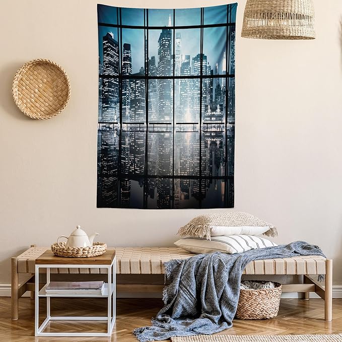 Ambesonne Modern Tapestry Twin Size, Modern New York City Scenery at Night with Skyscrapers Buildings Print, Wall Hanging Bedspread Bed Cover Wall Decor, 68" X 88", Black Blue