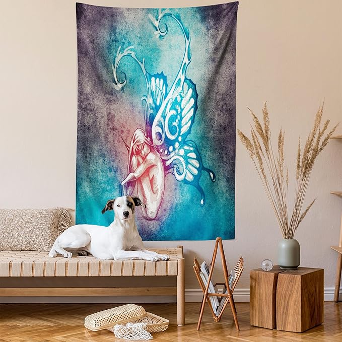 Ambesonne Butterfly Tapestry, with Butterfly Wings Renewal Female Rebirth Psyche Lightness of Being, Fabric Wall Hanging Decor for Bedroom Living Room Dorm, 30" X 45", Blue Purple