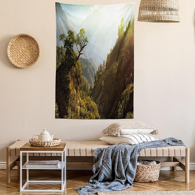 Ambesonne Landscape Tapestry, Forest Nepal Himalaya Mountains Sunlight Majestic Scenery Nature Photo, Fabric Wall Hanging Decor for Bedroom Living Room Dorm, 23" X 28", Green Pale Yellow