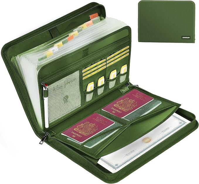 JUNDUN Accordion File Organizer - Fireproof Accordion Folder with Zipper & Labels - 12 Pocket Expanding File Folder with Multi-Pockets Paper Organizer Folder for Letter A4 Files More (Green)