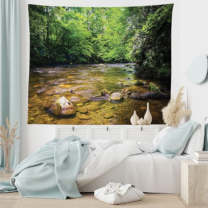 Ambesonne Appalachian Tapestry King Size, Oconaluftee River at Smoky Mountains National Park, Wall Hanging Bedspread Bed Cover Wall Decor, King Size, Lime Green Charcoal Grey