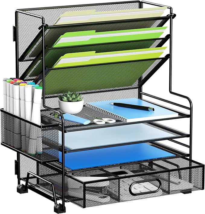 4-Tier Paper Organizer + 3-Pocket File Holder + Drawer + Pen Holders, Desktop File Organizers Paper Tray for Office Accessories School Classroom Organization (Black)