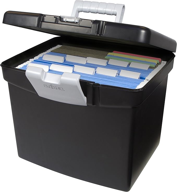 Storex 61504B02C Portable File Box with XL Lid, 11 x 13-1/2 x 11 Inches, Black