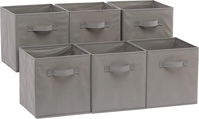 Amazon Basics Collapsible Fabric Storage Cubes Organizer with Handles, Sturdy, Gray, 10.5-x-10.5-x-11-inch, Pack of 6