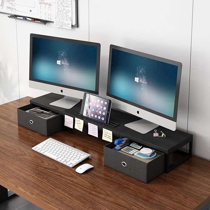 Mexin Dual Monitor Stand Riser with 2 Drawers - 39Inch Large Storage Computer Monitor Stands for 2 Monitors, Wooden Desktop Organizer Perfect for Home Office Desk, Computer, Laptop, TV, Black