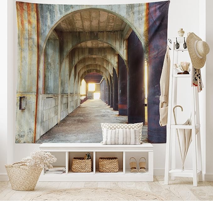 Ambesonne Urban Tapestry, Corridor of Concrete Pillars Structure Urban Industrial Rustic Style Art, Wall Hanging for Bedroom Living Room Dorm Decor, 40" X 60", Brown Purple