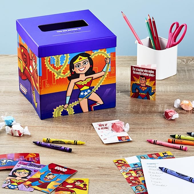 Hallmark Justice League Valentines Day Cards and Mailbox for Kids School Classroom Exchange (1 Box, 32 Valentine Cards, 35 Stickers, 1 Teacher Card)