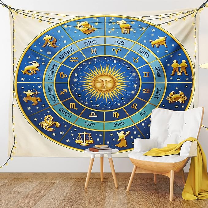 Ambesonne Astrology Tapestry, Wheel of Astrological Signs Names Dates Moon Sun in Middle, Fabric Wall Hanging Decor for Bedroom Living Room Dorm, 30" X 45", Blue Yellow and Cream