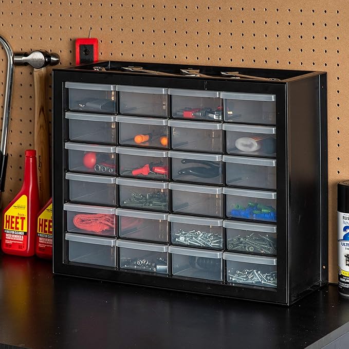 IRIS USA Plastic Storage Drawers, 24-Drawer, Stackable Small Parts Organizer Cabinet for Hardware Screw Nuts and Bolts Sticker Bead Balloon Building Bricks, Teacher Toolbox Garage Storage Bins, Black