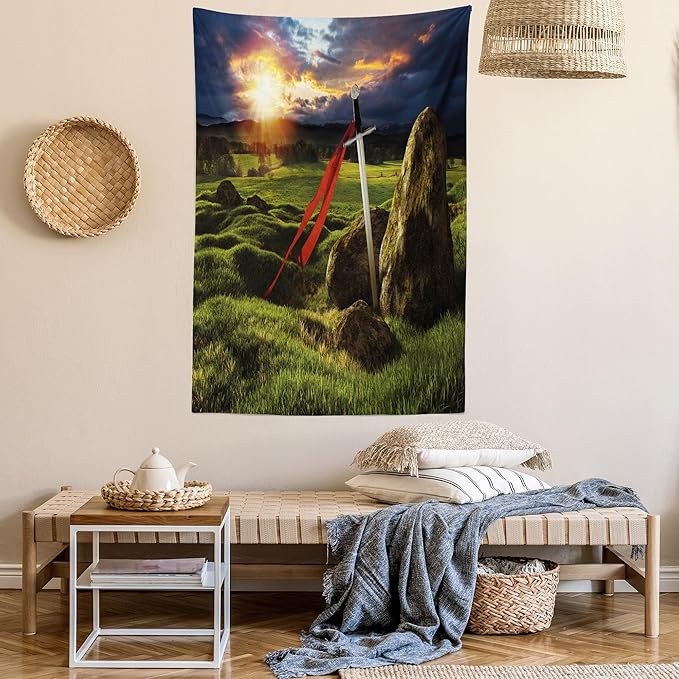 Ambesonne King Tapestry Twin Size, Arthur Camelot Myth in England Ireland Fields Invincible Myth Image, Wall Hanging Bedspread Bed Cover Wall Decor, 68" X 88", Green Blue Red