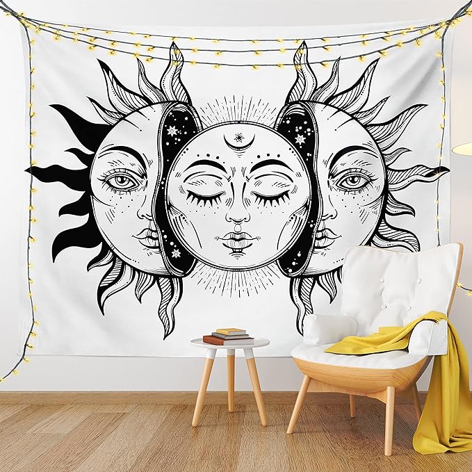 Ambesonne Moon Tapestry, Monochrome Sun and Moon Pattern Oriental Image Culture Inspired Design Print, Fabric Wall Hanging Decor for Bedroom Living Room Dorm, 30" X 45", White Black