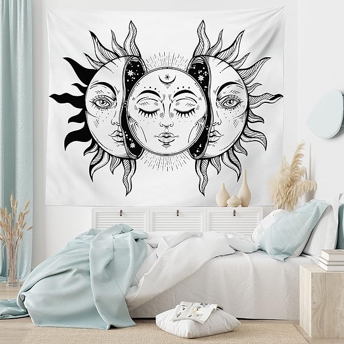 Ambesonne Moon Tapestry, Monochrome Sun and Moon Pattern Oriental Image Culture Inspired Design Print, Fabric Wall Hanging Decor for Bedroom Living Room Dorm, 23" X 28", White Black