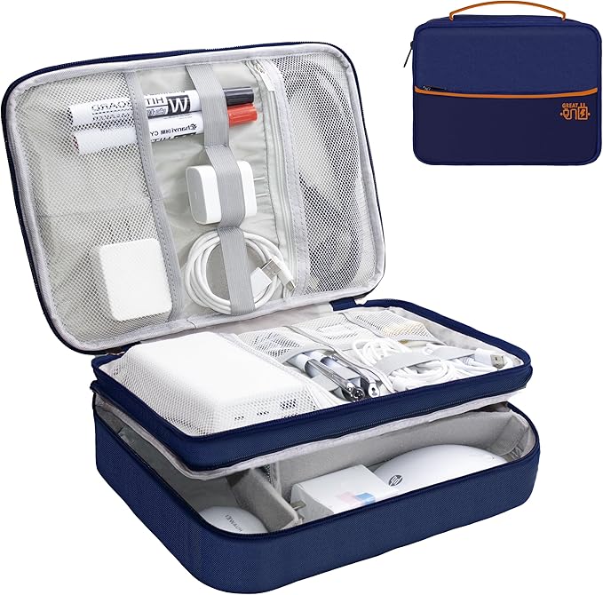 Electronics Organizer,Travel Cord Organizer Pouch, Portable Cable Organizer Bags, Waterproof Electronic Accessories Storage Case for Cables, Cords, Charger, Phone (Three Layer-NavyBlue)