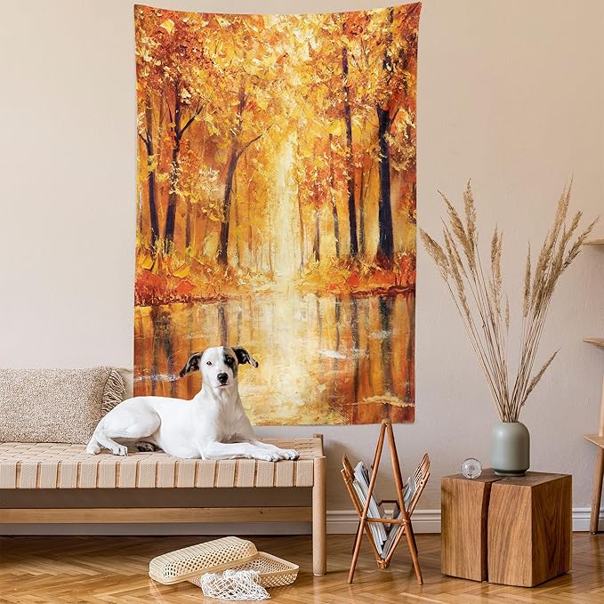 Ambesonne Country Tapestry, Painting of a Forest by the Small Lake in Autumn Pale Fall Trees and Leaves Art, Fabric Wall Hanging Decor for Bedroom Living Room Dorm, 30" X 45", Orange Brown