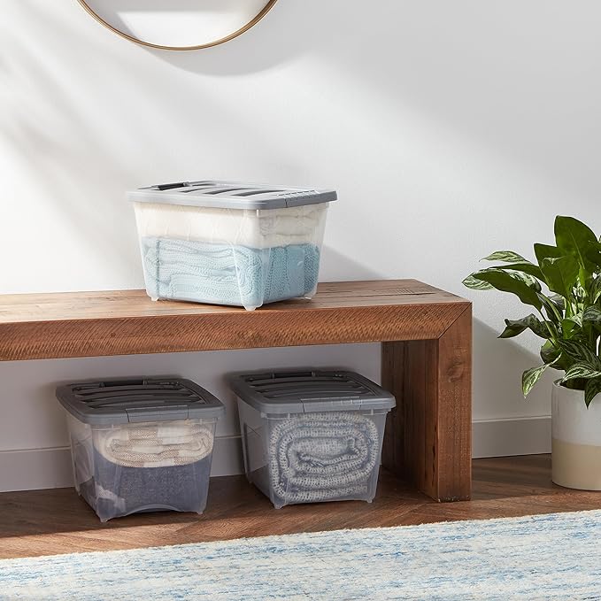 Amazon Basics Plastic Storage Containers with Secure Latching Lids, Stackable Organization Bins, Clear/Grey, 19 Quart, Set of 6