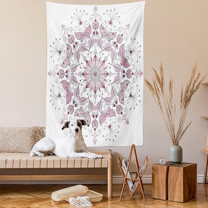 Ambesonne Mandala Tapestry Twin Size, Lacy Inspired Pastel Floral Motif with Butterfly and Lotus Branches Design, Wall Hanging Bedspread Bed Cover Wall Decor, 68" X 88", White Pale Pink