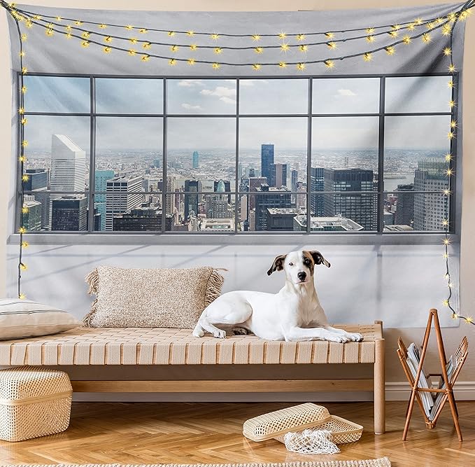 Ambesonne City Tapestry Twin Size, Clean Office with Big Window Downtown Skyscraper Buildings Domestic Cityscape Art, Wall Hanging Bedspread Bed Cover Wall Decor, 68" X 88", Grey White