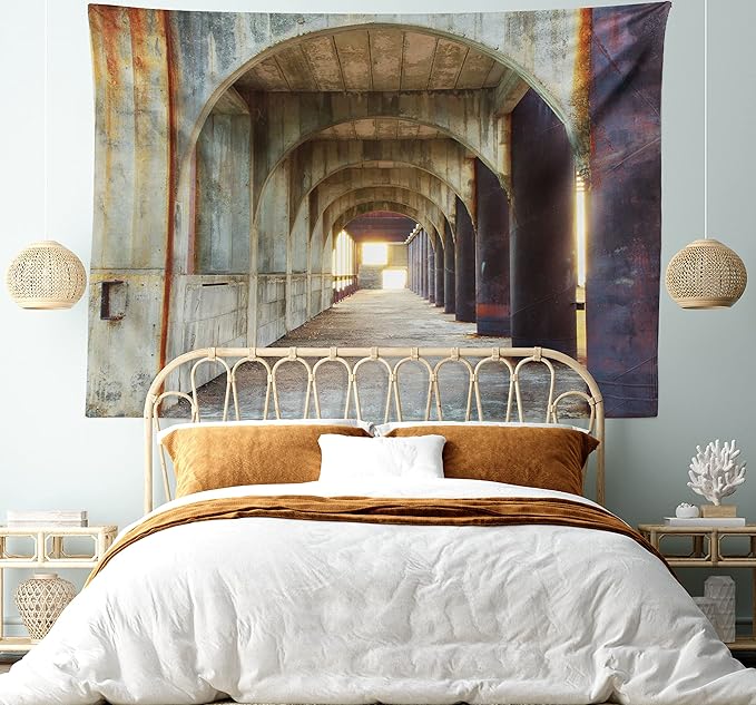 Ambesonne Urban Tapestry, Corridor of Concrete Pillars Structure Urban Industrial Rustic Style Art, Fabric Wall Hanging Decor for Bedroom Living Room Dorm, 28" X 23", Brown Purple