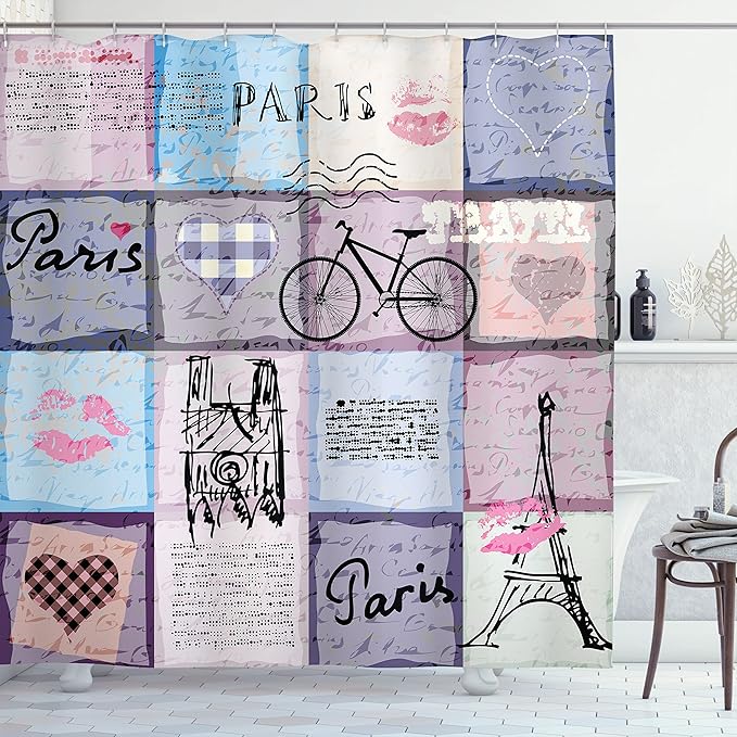 Ambesonne Paris Shower Curtain, Grunge Textured Retro Collage of France Famous Object Eiffel Tower Europe Theme, Cloth Fabric Bathroom Decor Set with Hooks, 69" W x 70" L, Multicolor Lilac
