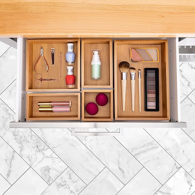 Seville Classics Bamboo Premium Organizer Storage Bins for Kitchen Silverware, Pantry, Closet, Office Desk, Pens, Utensils, Makeup, K Cup, Bamboo, Bin Set (5 Piece)