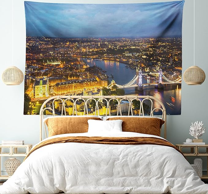 Ambesonne Modern Tapestry, Evening Time at London England Cityscape Night Time and Tower Bridge Landmark Urban Aerial Panorama, Wall Hanging for Bedroom Living Room Dorm, 80" X 60", Yellow Bluegrey