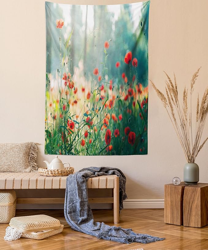 Ambesonne Nature Tapestry Twin Size, Wild Red Poppy Flowers Field Summertime Sunbeams Gardening Bedding Plants, Wall Hanging Bedspread Bed Cover Wall Decor, 68" X 88", Red Green Yellow