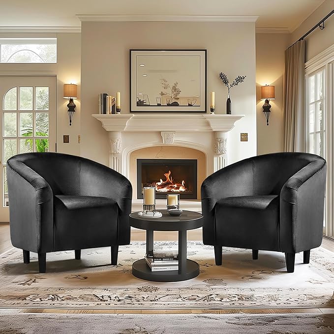 Yaheetech Black Accent Chairs Set of 2, Cozy Velvet Barrel Chair, Modern Club Chair with Soft Padde, Vanity Chair for Living Room/Bedroom/Waiting Room Reception Room, Matte Black