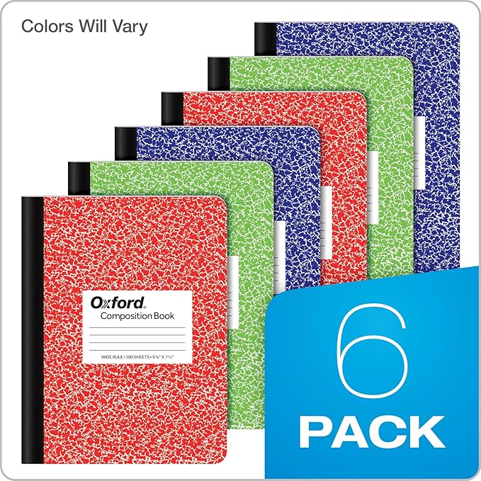 Oxford Composition Notebooks, 6 Pack, Cover Colors Vary, Wide Ruled Paper, 9-3/4 x 7-1/2 Inch School Journals, Assorted Marble Covers, 100 Sheets, per Book (63762)