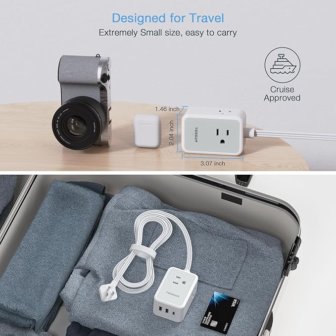 TESSAN Small Flat Plug Power Strip, Ultra Thin Extension Cord with 3 USB Wall Charger (1 USB C), 3 Outlets Mini Charging Station, 5 ft Slim Plug for Cruise Travel Office School Dorm Room Essentials