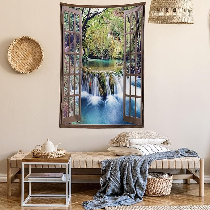 Ambesonne Waterfall Tapestry Queen Size, Wide Waterfall Deep down in the Forest Seen from a City Window Epic Surreal Print, Wall Hanging Bedspread Bed Cover Wall Decor, 88" X 88", Brown Black