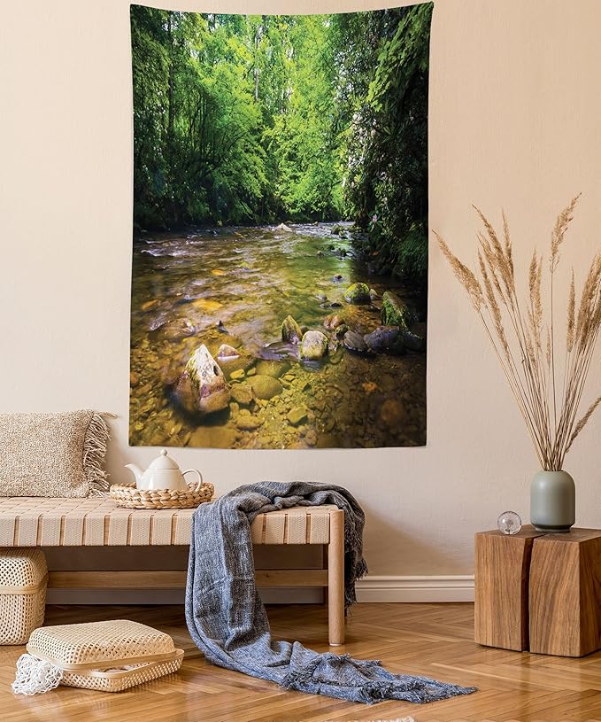Ambesonne Appalachian Tapestry, Oconaluftee River at Smoky Mountains National Park, Wall Hanging for Bedroom Living Room Dorm Decor, 60" X 80", Lime Green Charcoal Grey
