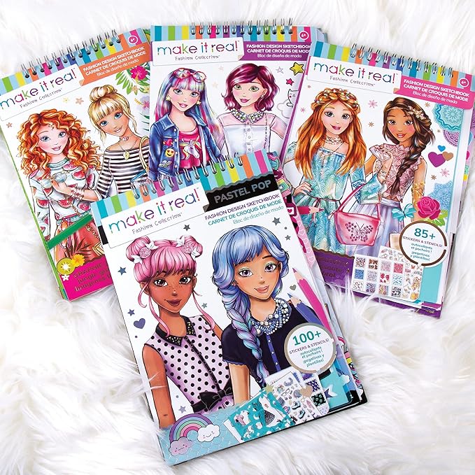 Make It Real Fashion Design Sketchbook for Girls - Pastel Pop Kit with 105 Stickers, Stencils, Design Guide - Pastel & Rainbow-Themed Fashion, Creative Gift Kids Ages 6+, Develops Real-World Skills